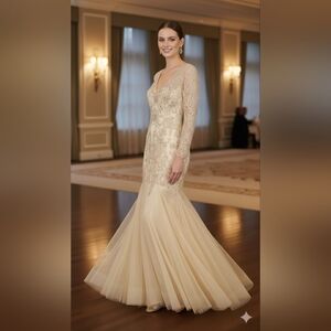 NWT Unbranded Champagne Gold Embellished Satin & Tulle Mermaid Gown